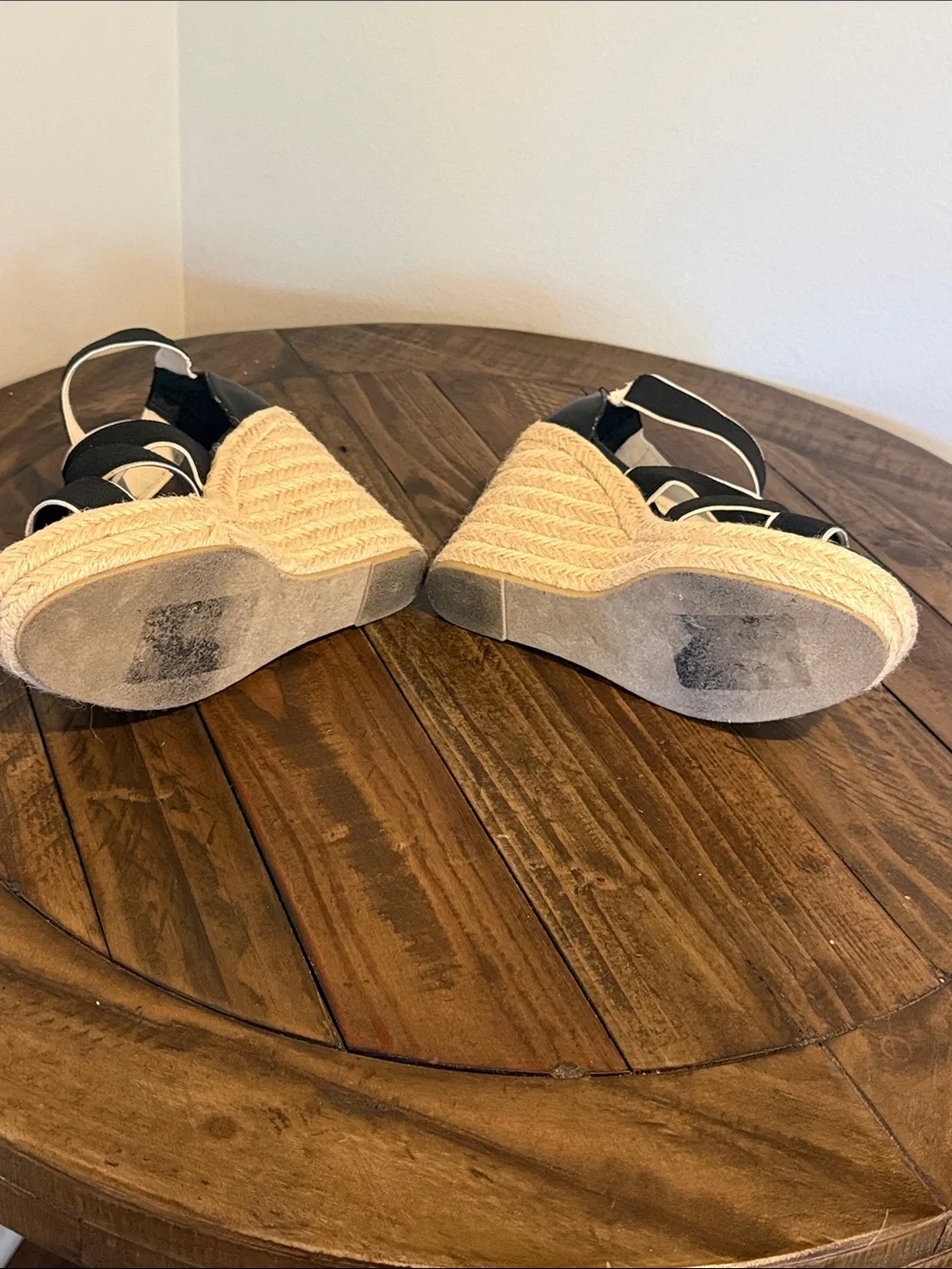 Steve Madden Black Espadrille Wedge Sandals with Cream Jute Platform